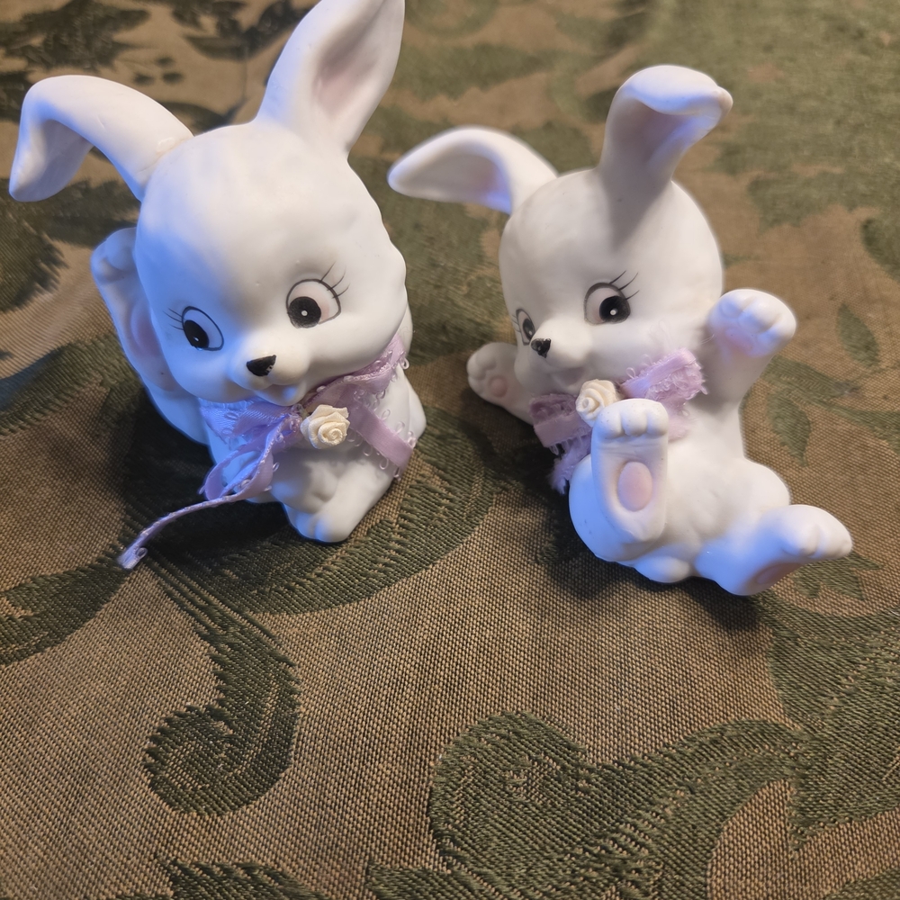 Homco White and Purple Ceramic Bunny Figurines